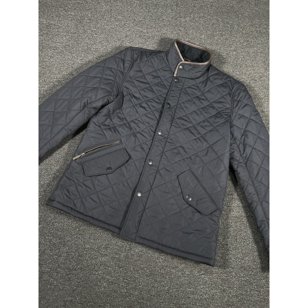 Barbour Powell Quilted Jacket Men Medium Black Fleece Lined Leather Trim Coat
